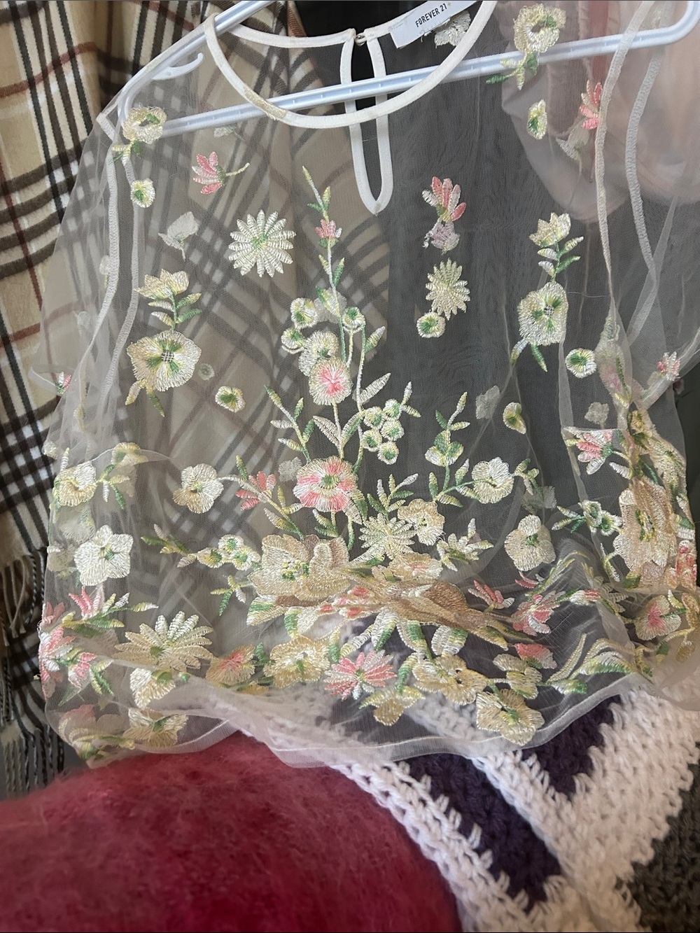 Forever 21 Sheer Floral Embroidered Blouse in Black, Pink, Green, Gold